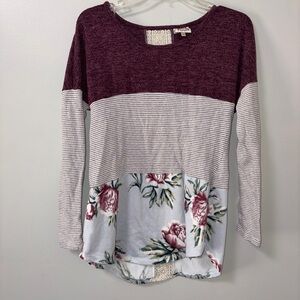 True self burgundy gray striped floral long sleeve top crochet lace detail M